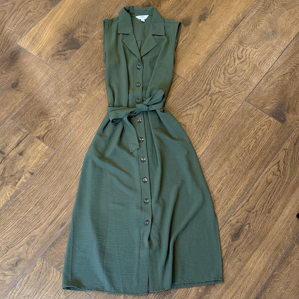 Sleeveless Button-Front Shirt Dress with Waist Tie - Olive Green Size-XS